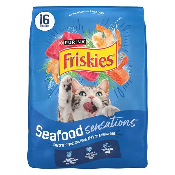 Purina Friskies Dry Cat Food Seafood Sensations with Salmon, Tuna, and Shrimp Flavors, 16 lb Bag