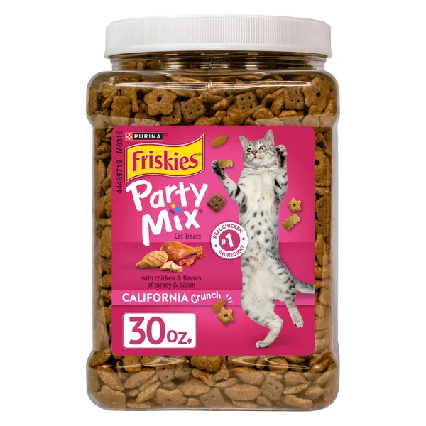 Purina Friskies Party Mix California Crunch Chicken, Turkey, & Bacon Flavor Crunchy Treats for Cats, 30 oz Canister