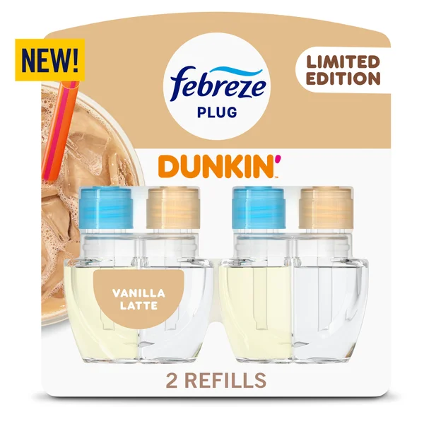 Febreze Plug In Air Freshener, Odor-Fighting Scented Oil Refill, Dunkin' Vanilla Latte Scent, 2 Refills
