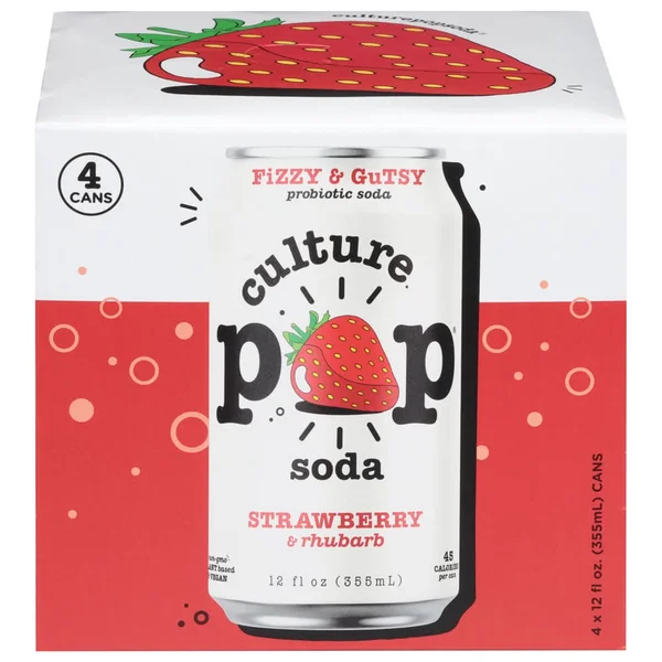 Culture Pop Rhubarb Probiotic Soda, Strawberry &Rhubarb (4 x 12 fl oz)