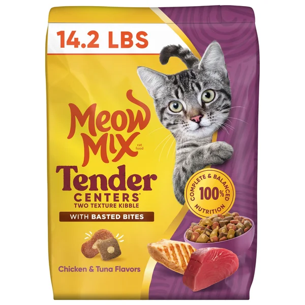 Meow Mix Tender Centers Dry Cat Food with Basted Bites, Chicken & Tuna Flavors, 14.2 lb Bag