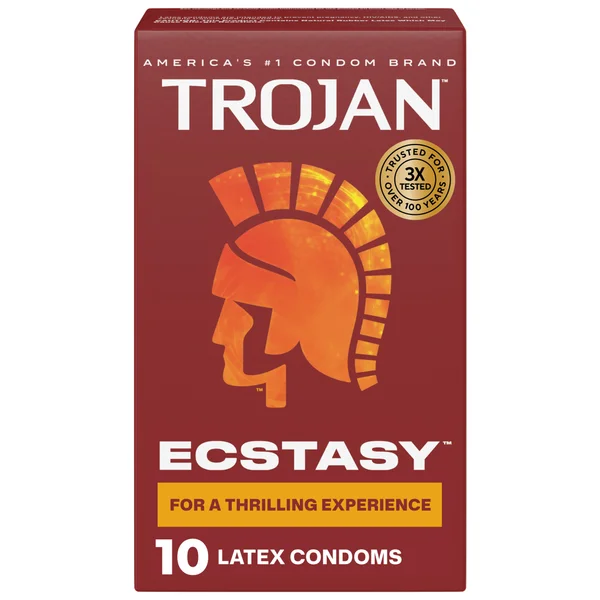 Trojan Ecstasy Ribbed Bulbous Shape Latex Premium Lubricated Condoms, 10 Count
