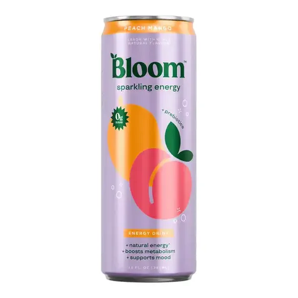 Bloom Nutrition Zero Sugar + Prebiotics Peach Mango Sparkling Energy Drink Can (12 fl oz)