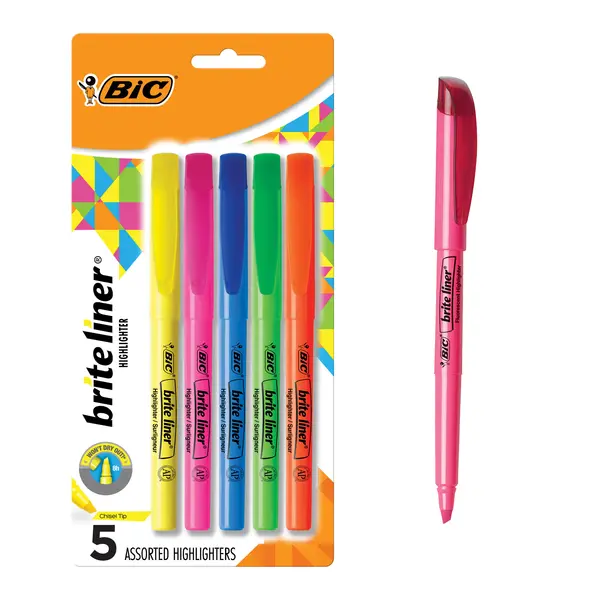 BIC Brite Liner Highlighter, Chisel Point, School Supplies, Assorted Colors, 5-Count