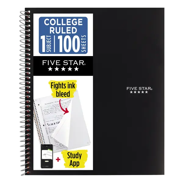 Five Star 1 Subject College Ruled Notebook Plus Study App, 8.5" x 11", Black, Poly, Spiral, 100 Sheets