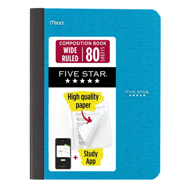 Five Star Composition Book Plus Study App, Wide Ruled, 80 Sheets, 7.5" x 9.75", Tidewater Blue