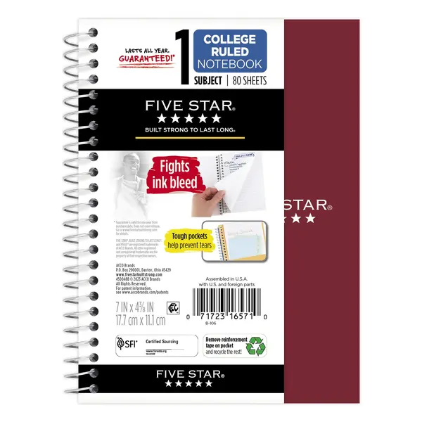 Five Star Personal College Ruled Notebook, 4.5" x 7", Burgundy Red, Poly, Spiral, 80 Sheets