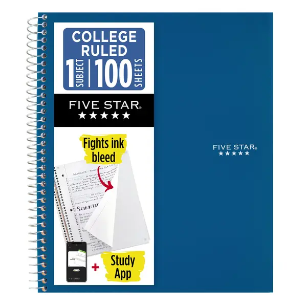 Five Star 1 Subject College Ruled Notebook Plus Study App, 8.5" x 11", Pacific Blue, Poly, Spiral, 100 Sheets