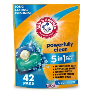 ARM & HAMMER Clean Burst 5-in-1 Laundry Detergent Power Paks, Powerfully Clean, Clean Burst Scent, 42 Count