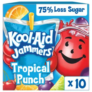 Kool-Aid Jammers Artificially Flavored Drink, 10 Pouches, for School Lunches and On-the-Go Hydration, Tropical Punch Artificially Flavored, Excellent Source of Vitamin C, 6 fl oz