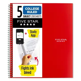 Five Star Spiral Notebook + Study App, 5 Subject, College Ruled, 8.5" x 11", Fire Red