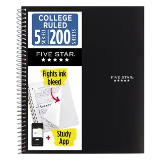 Five Star Spiral Notebook + Study App, 5 Subject, College Ruled, 8.5" x 11", Black