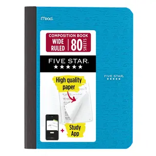 Five Star Composition Book Plus Study App, Wide Ruled, 80 Sheets, 7.5" x 9.75", Tidewater Blue