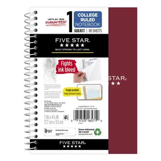 Five Star Personal College Ruled Notebook, 4.5" x 7", Burgundy Red, Poly, Spiral, 80 Sheets